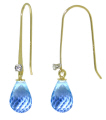14K. GOLD FISH HOOK EARRINGS W/DIAMONDS & BLUE TOPAZ