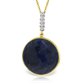 14K. SOLID GOLD NECKLACE WITH DIAMONDS & CHECKERBOARD CUT DYED ROUND SAPPHIRE