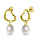 14K. SOLID GOLD HEART EARRING WITH DANGLING NATURAL PEARLS