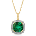 14K. GOLD NECKLACE WITH NATURAL DIAMONDS & LAB. CREATED CUSHION SHAPE EMERALD